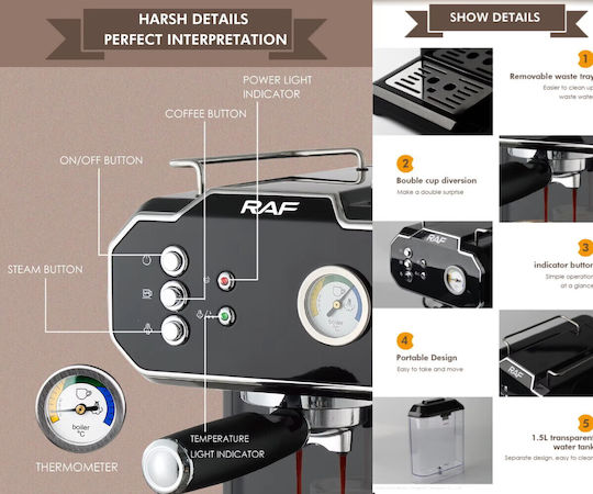 Raf Retro Style Μηχανή Espresso 850W Πίεσης 15bar Μαύρη