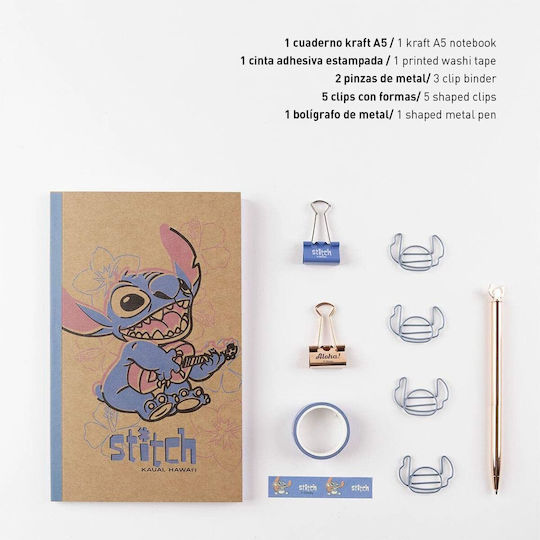 Cerda Stitch Детски Комплект Ученически Пособия с Молив Острилка и Тефтер 5 Брой