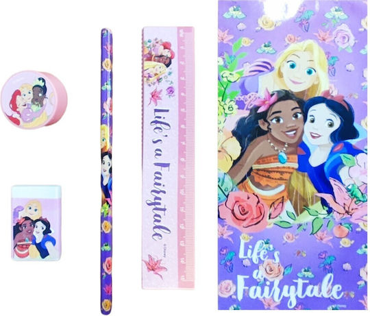 Diakakis Disney Princess Kinder Schreibwarenset mit Bleistift, Spitzer, Radiergummi und Lineal 5Stück