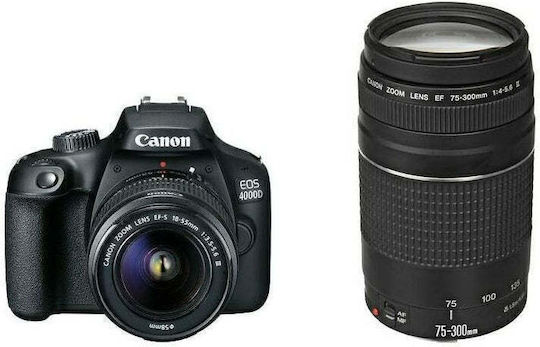 Canon DSLR Camera EOS 4000D Crop Frame Kit (EF-S 18-55mm F3.5-5.6 DC III + EF-S 75-300mm F4-5.6 DC III) Black