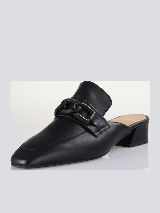 Leather Mules with Chunky Low Heel in Black Color