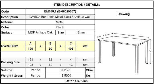 Lavida Τραπέζι Μπαρ Ξύλινο με Μεταλλικό Σκελετό Antique Oak 120x60x106εκ.