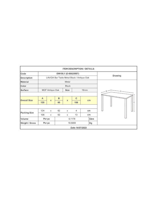 Lavida Table Bar Wooden with Metal Frame Oak 120x60x106cm