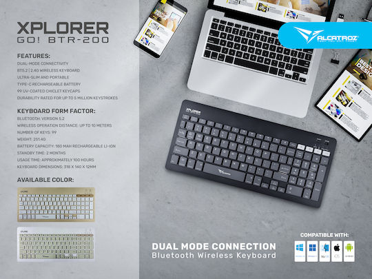 Alcatroz Xplorer GO! Ασύρματο Bluetooth Πληκτρολόγιο Αγγλικό US Slate