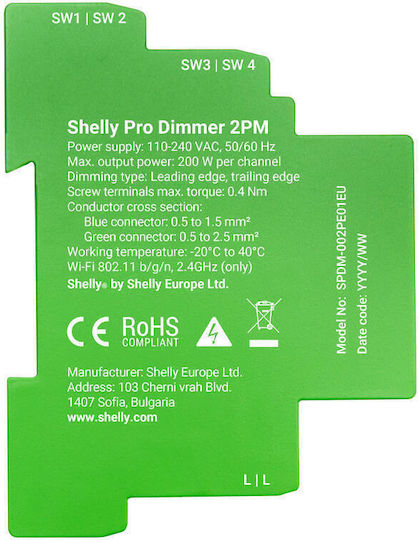 Shelly 2pm Dimmer Dimmer Ράγας WiFi 230V 10A