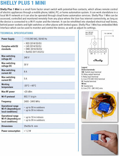 Shelly 1 Mini Gen 3 Интелигентен Превключвател 1 Канал Wi-Fi & Bluetooth 8A