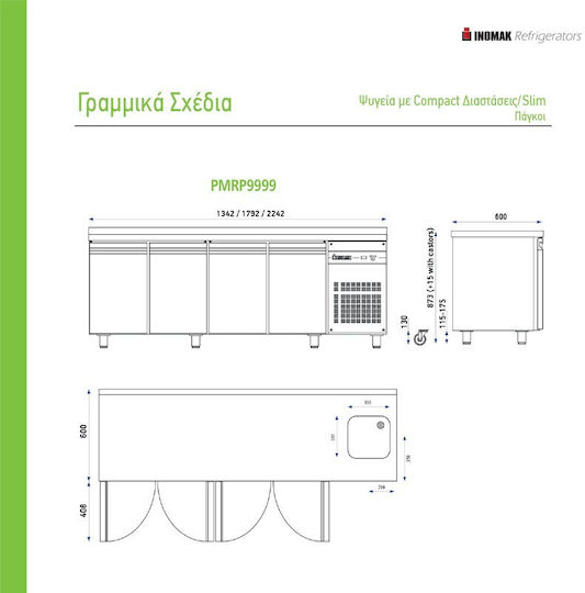 Inomak Edelstahl Kühltisch 350Es mit 3 Türen und Kühlaggregat 0/+10°C L179xB60xH87.5cm Compact Clover