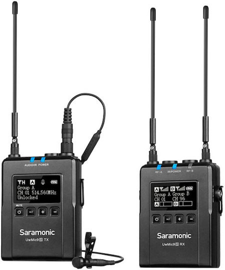 Saramonic UwMic9S Kit 1 (TX+RX) Комплект Безжично Δυναμικό Микрофон Висулка, Щипка, Колан Журналистически в Черен Цвят