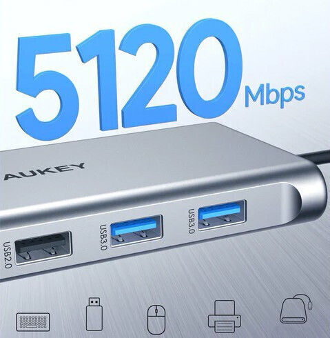 Aukey USB-C / USB-A Docking Station mit 4K PD Ethernet Gray (AIAUKACBC890000)