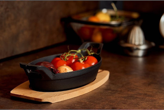 Oval Saganaki 10x15.5xh2.5cm Cast Iron Serving with Wooden Base 5566228 Cosy & Trendy 30.80076 00011975