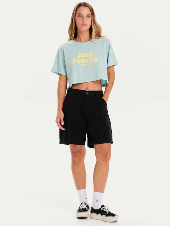 Bluza Damă Crop Top Bumbac Mâneci Scurte Albastru