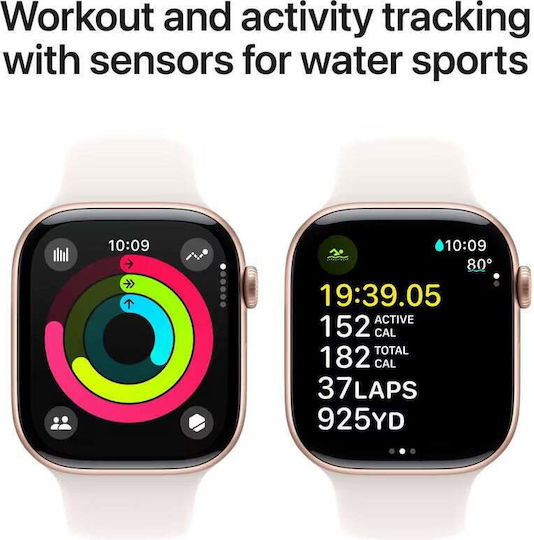 Apple Watch Series 10 Aluminium 46mm Αδιάβροχο με Παλμογράφο (Rose Gold με Light Blush Sport Band - M/L)