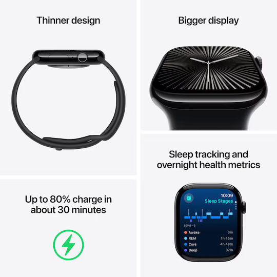 Apple Watch Series 10 Aluminium 46mm Waterproof with Heart Rate Monitor (Silver with Blue Cloud Sport Loop)