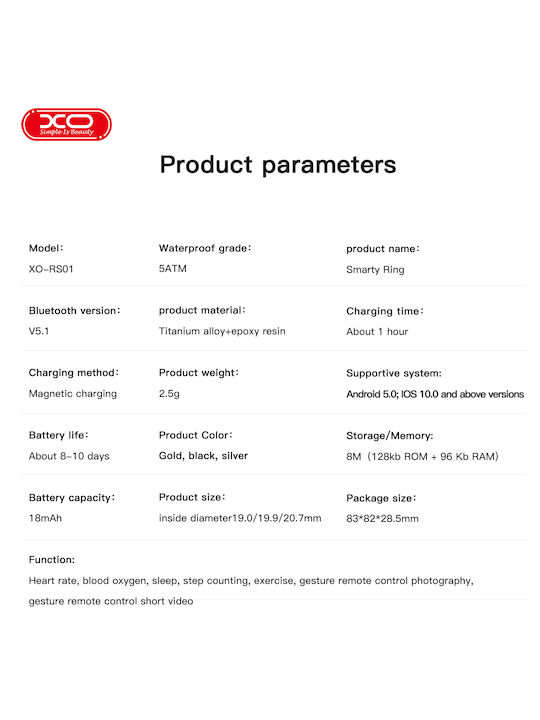 XO RS01 Smart Ring 16.1mm με Παλμογράφο Χρυσό