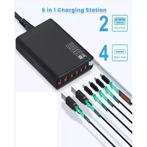 Andowl Βάση Φόρτισης GaN με 2 Θύρες USB-A και 4 Θύρες USB-C 200W Power Delivery / Quick Charge 3.0 σε Μαύρο χρώμα (Q-CD787)