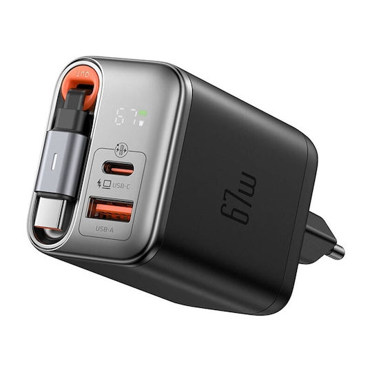 Mcdodo Charger with Built-in Cable GaN with USB-A Port and USB-C Port USB-C 67W Blacks (CH-4100)
