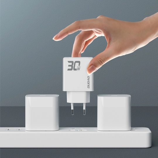 Dudao Φορτιστής GaN με Θύρα USB-C και Καλώδιο USB-C - USB-C 30W Power Delivery / Quick Charge 3.0 Λευκός