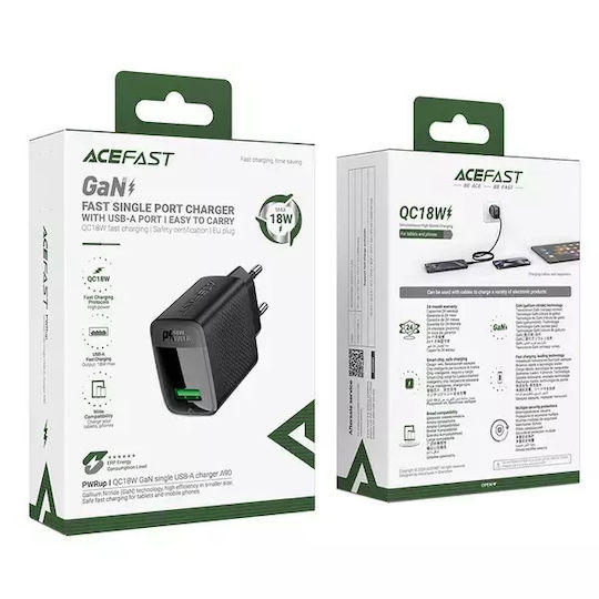 Acefast Φορτιστής Χωρίς Καλώδιο GaN με Θύρα USB-A 18W Quick Charge 3.0 / Quick Charge 2.0 Μαύρος (A90)