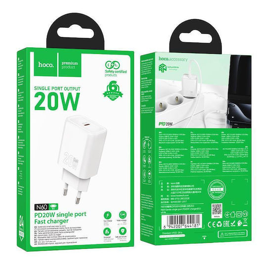 Hoco Φορτιστής Χωρίς Καλώδιο με Θύρα USB-C 20W Power Delivery / Quick Charge 3.0 Λευκός (N60)