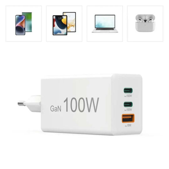 HAMA Зарядно без кабел GaN с USB-A порт и 2 USB-C порта 100W Power Delivery Бял (201997)