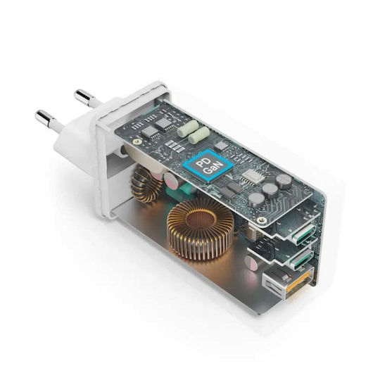 HAMA Зарядно без кабел GaN с USB-A порт и 2 USB-C порта 100W Power Delivery Бял (201997)