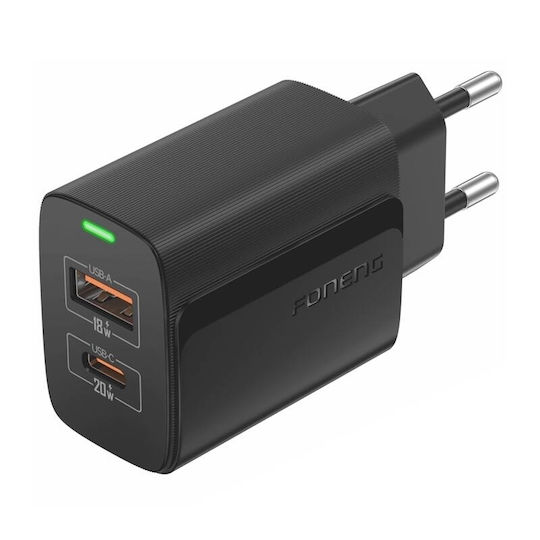 Foneng Зарядно без кабел с USB-A порт и USB-C порт 20W Power Delivery Черен (EU66)