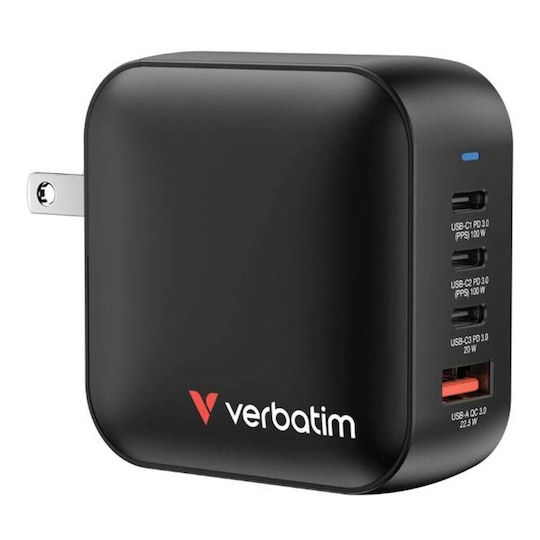 Verbatim Charger Without Cable GaN with USB-A Port and 3 USB-C Ports 100W Power Delivery / Quick Charge 3.0 Blacks (Mini)