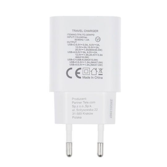 Forcell Φορτιστής Χωρίς Καλώδιο με Θύρα USB-A και Θύρα USB-C 30W Power Delivery / Quick Charge 4.0 Λευκός (FOCH-198052)