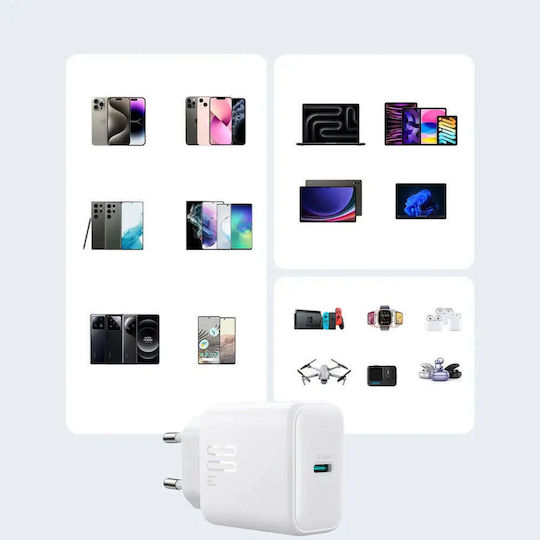 Joyroom Charger with USB-C Port and Cable USB-C - USB-C 30W Power Delivery Whites (JR-TCF24)