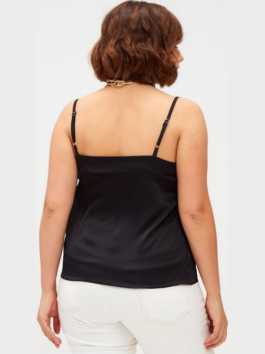 Γυναικείο Crop Top Σατέν με Τιράντες & V Λαιμόκοψη Μαύρο