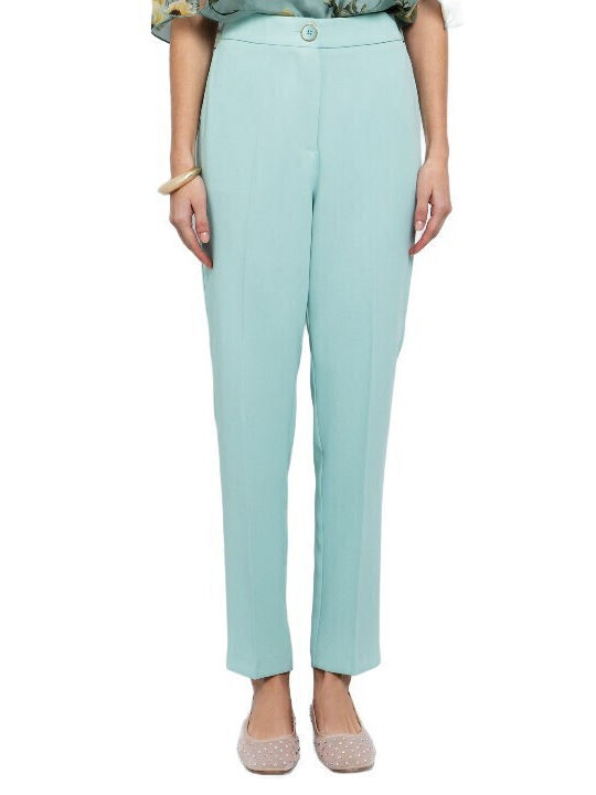 Women's High-waisted Fabric Trousers with Elastic Loose Fit Bay Leaf Mint