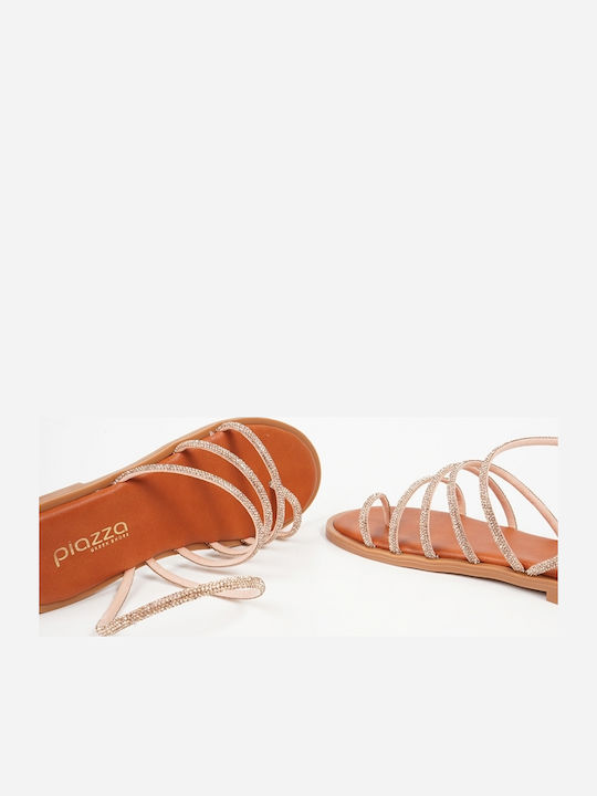 Leather Women's Flat Sandals in Gold Color