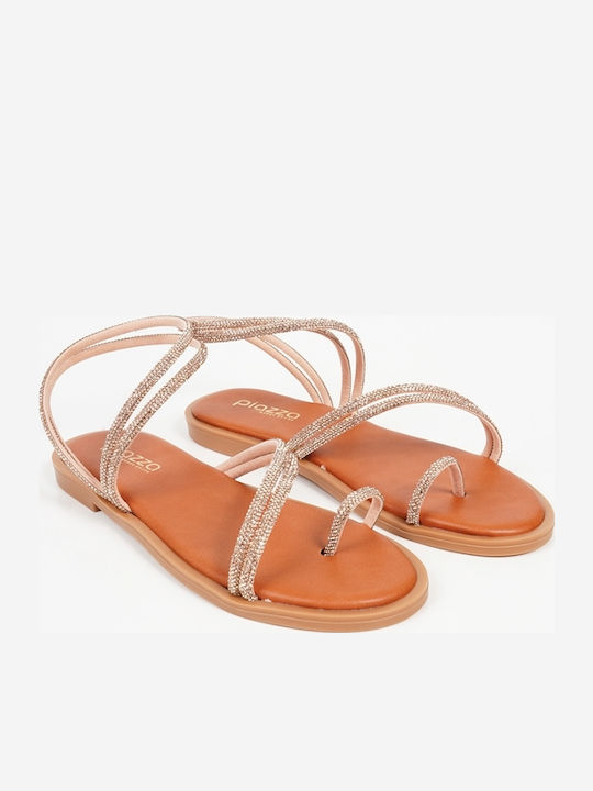 Leather Women's Flat Sandals in Gold Color
