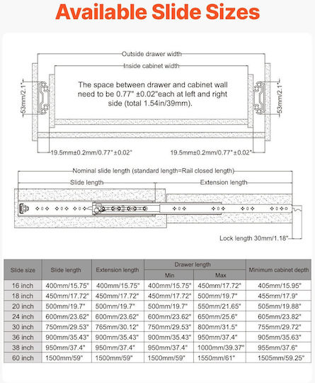 Vevor 1 Pair 16-60 In Soft-Close Drawer Slides Ball Bearing Full Extension