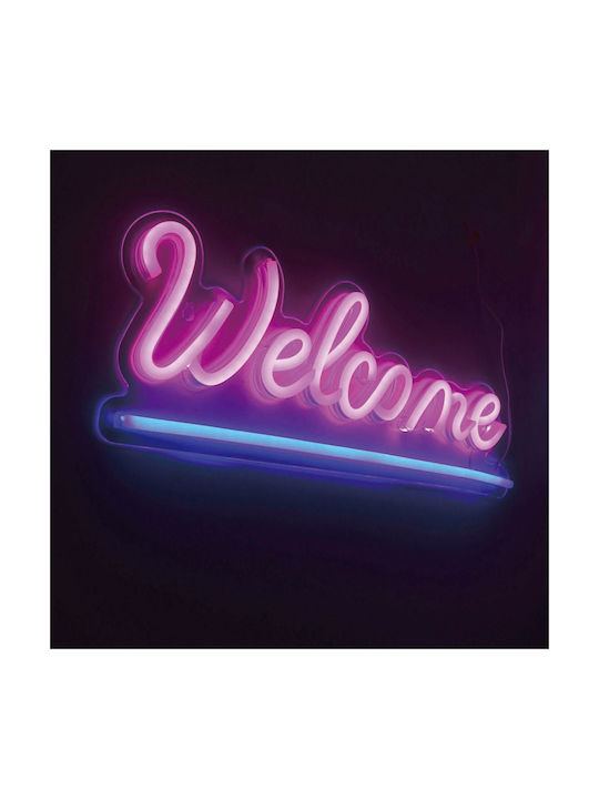 Lampă Neon Led Model Welcome Culoare Roz Albastru Dimensiune 41x16 Cm Alimentată prin Usb