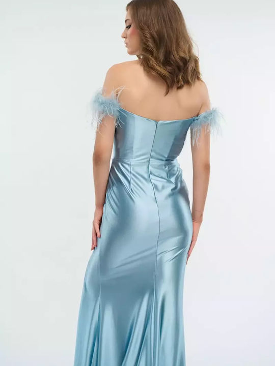 Maxi Dress for Wedding - Christening Satin Off-Shoulder Light Blue