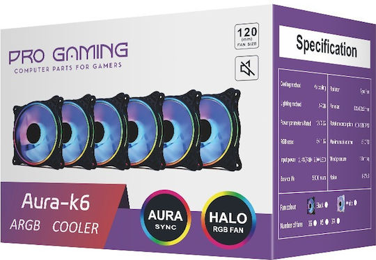 ProGaming 103491 Ventilator Pentru Carcasă 120mm (1800rpm / 62cfm) cu Iluminare ARGB și Conexiune 4-Pin PWM 6 Bucăți Alb