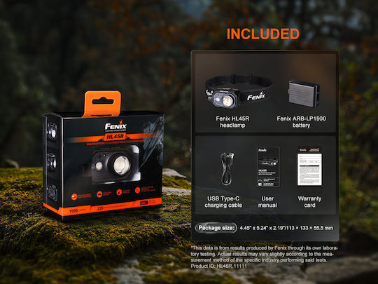 Fenix Επαναφορτιζόμενος Φακός Κεφαλής LED IP66 με Μέγιστη Φωτεινότητα 1000lm