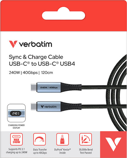 Verbatim Braided / LED USB 4 Video Cable USB-C Male - USB-C 240W PD Black 1.2m 31849