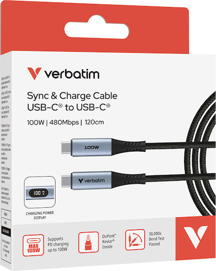 Verbatim Braided / LED USB 2.0 Cable USB-C male - USB-C 100W PD Μαύρο 1.2m 31848