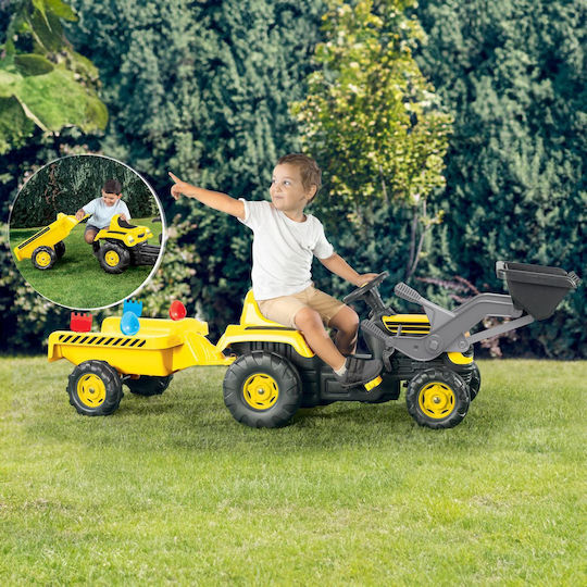 Tractor pentru copii De la picior la podea cu caruta si pedala Galben