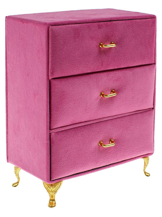 Jewelry Organizer Fuchsia Velvet 3 Drawers with Gold Details Vintage 15x9x19.5cm