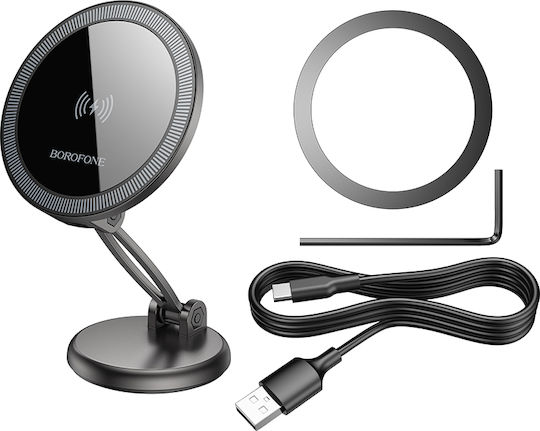 Borofone Car Mobile Mount with Adjustable Hooks and Wireless Charging Black