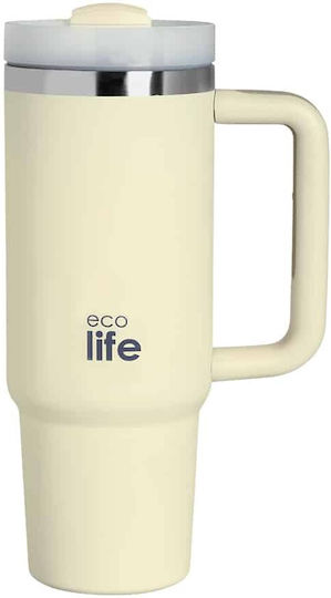Lifegreen Ανακυκλώσιμο Handled Tumbler Θερμός Ανοξείδωτο / Πλαστικό BPA Free 900ml Cream με Καλαμάκι και Λαβή