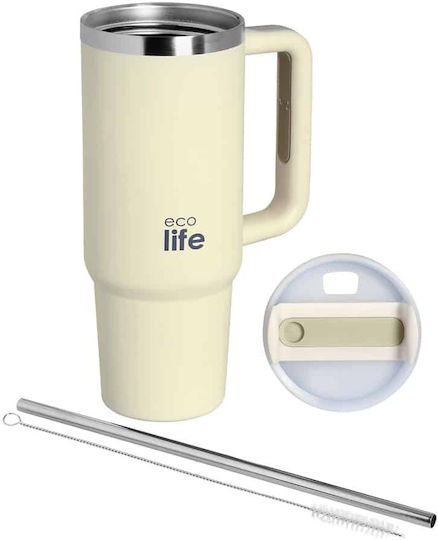 Lifegreen Ανακυκλώσιμο Handled Tumbler Θερμός Ανοξείδωτο / Πλαστικό BPA Free 900ml Cream με Καλαμάκι και Λαβή