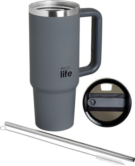 Ecolife Recyclable Handled Tumbler Thermos Stainless Steel / Plastic BPA Free 900ml Junior Grey with Straw and Handle