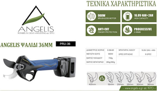 Agelis Pruning Shears Battery 16.8V 2x2Ah/4Ah with Maximum Cutting Diameter 36mm in Carrying Case