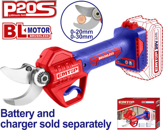 Emtop Pruning Shears Battery 20V Solo with Maximum Cutting Diameter 30mm