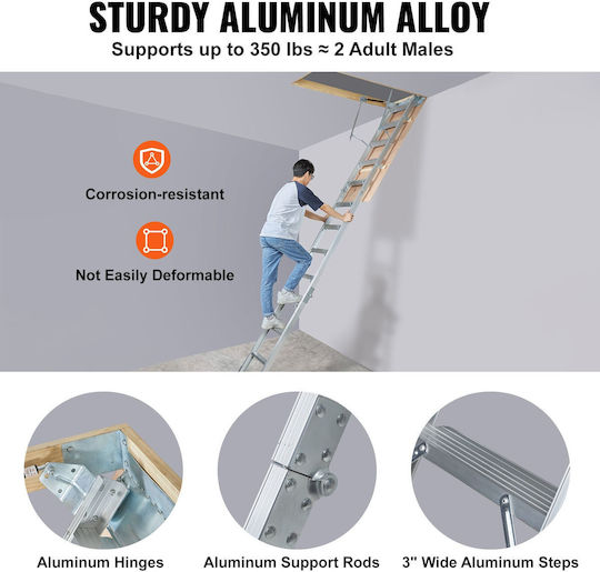 Attic Ladder 12 Steps Aluminum Wood Max 160 Kg Hydraulic Damping Arm