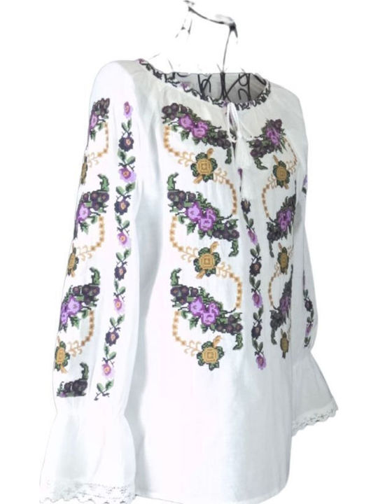 Bluza Damă Bumbac Mânecă Lungă Floral Alb Violet